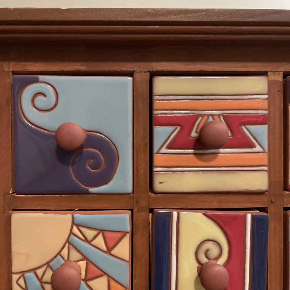 Hand Painted Ceramic Wood Apothecary 9 Drawer Chest Jewelry Spices Trinkets Vtg‎